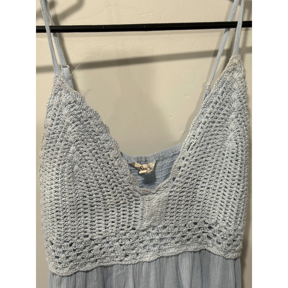 Hint of Blush Light Blue Crochet Bodice Ruffle Hem Mini Dress Medium